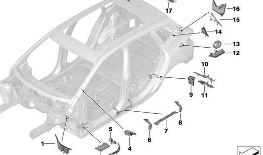 Left side member shaped part for BMW F40, F52, F70, F44, F45, F46, U06, F48, F49, F39, U10 (OEM 41117287135). Original BMW