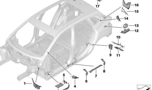 Pieza conformada del larguero izquierdo para BMW F40, F52, F70, F44, F45, F46, U06, F48, F49, F39, U10 (OEM 41117287135). Original BMW