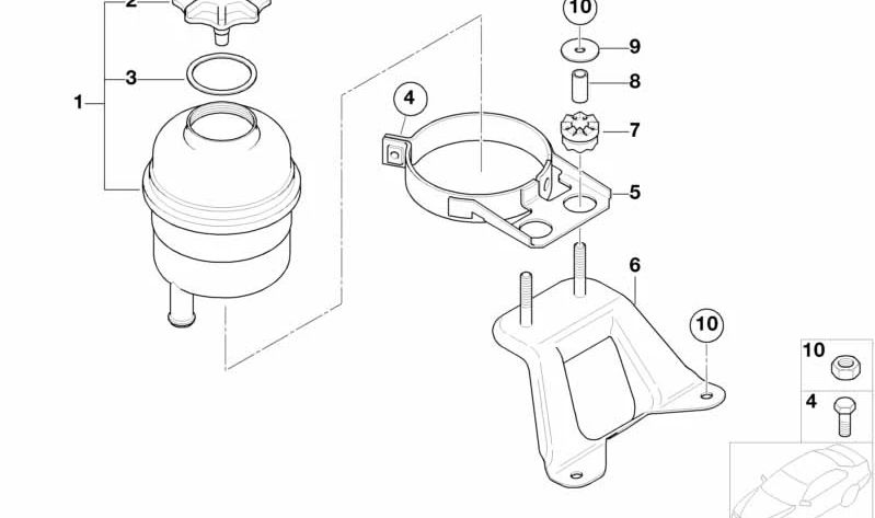 Soporte del Depósito de Aceite para BMW Serie 1 E81, E82, E87, E88, Serie 3 E46, E90, E91, E92, E93, Serie 7 E38, E65, E66, X1 E84, X3 E83, Z8 E52 (OEM 32411094917). Original BMW.