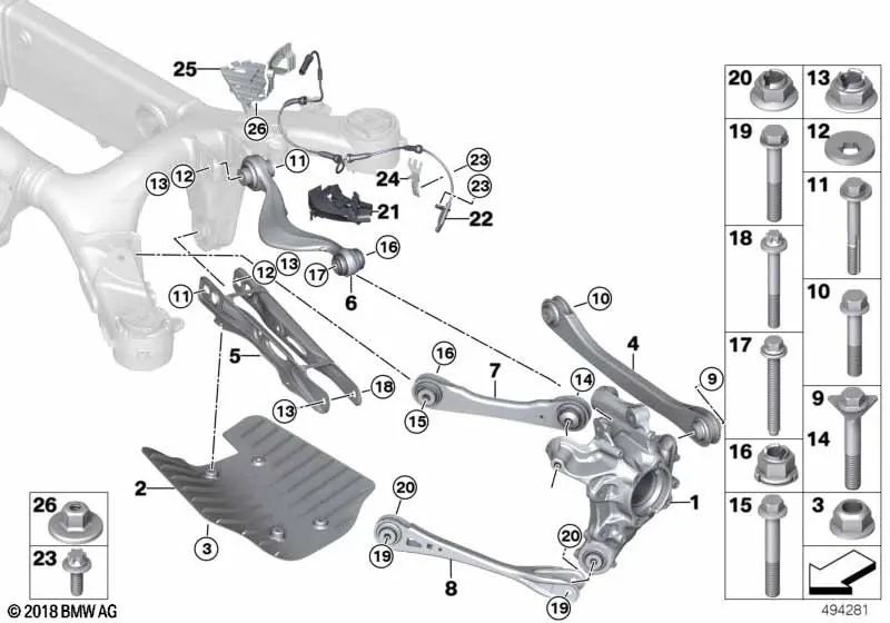 Left Rear Wheel Carrier for BMW 8er models G14, G15 (OEM 33306850561). Genuine BMW