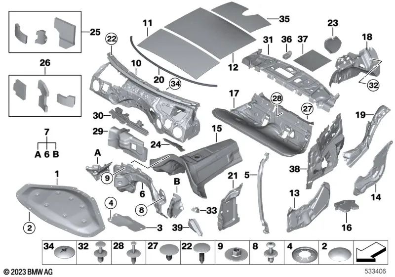 Aislamiento Acústico Pared Delantera para BMW F20N, F21N, F22, F23, F30, F31, F34, F36 (OEM 51487431664). Original BMW