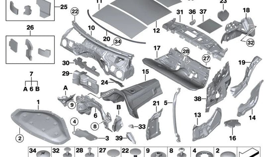 Akustische Isolationsanheizung für BMW Serie 1 F20, F21, Serie 2 F22, F23, F87, Serie 3 F30, F31, F34, F80, Serie 4 F32, F33, F36, F82, F83 (OEM 5148733534). Original BMW