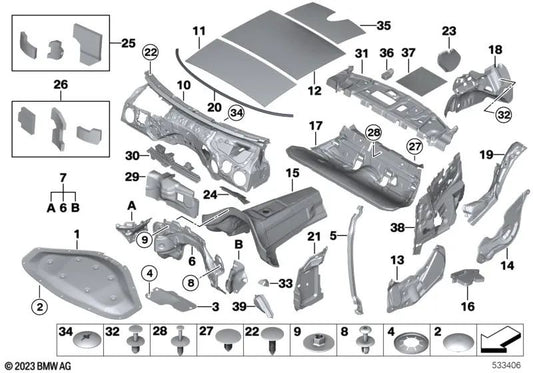 Tunnelschalldämmung für BMW F20, F21, F22, F23, F30, F31, F34, F35, F32, F33, F36 (OEM 51487222003). Original BMW