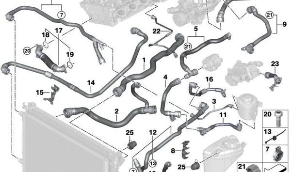 Manguera Módulo de Succión del Radiador de Refrigerante para BMW Serie 5 G30N, G31N, G38N (OEM 17129485276). Original BMW