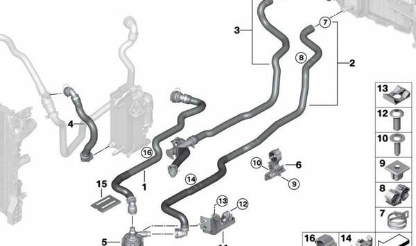 Manguera de refrigerante OEM 64216821251 para BMW G30, G31, G32, G11, G12, G14, G15, G16. Original BMW.