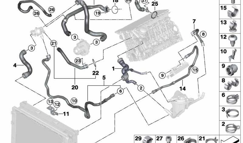 Manguera de Refrigerante para BMW Serie 6 F06, F12, F13, Serie 7 F01N, F02N (OEM 11537605150). Original BMW