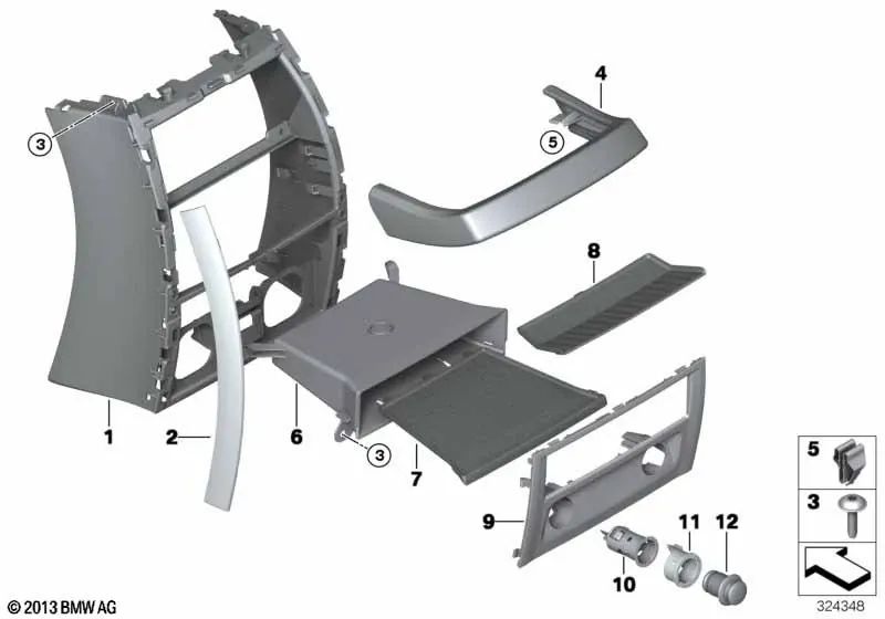 Rear Lower Center Console Housing for BMW 5 Series F07, F07N (OEM 51169178351). Original BMW