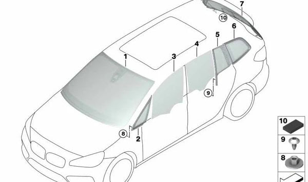 Cristal lateral fijo trasero derecho para BMW F46, F46N (OEM 51377316824). Original BMW