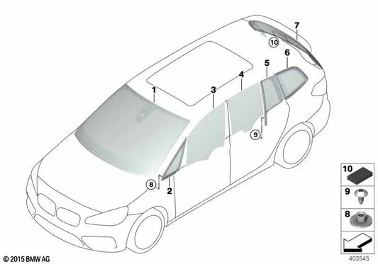 Cristal fijo de la puerta de vidrio protector solar derecho para BMW F46, F46N (OEM 51377416284). Original BMW.