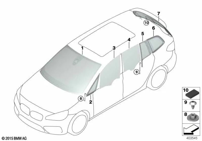 Rear left fixed side window for BMW 2 Series F46, F46N (OEM 51377397363). Original BMW.