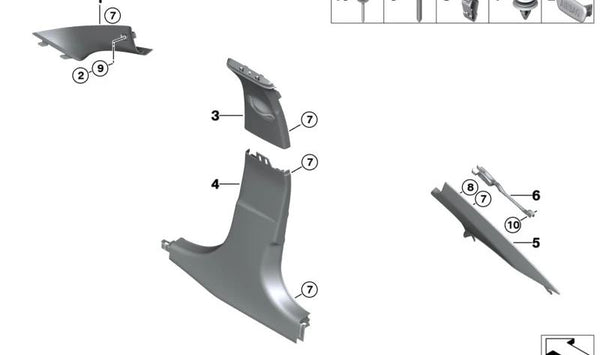 Embellecedor pilar A derecho para BMW G20, G21, G28 (OEM 51437481680). Original BMW