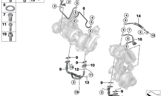 Tubería de aceite de baja presión OEM 11428575126 para BMW G30, G31, G11, G12, G05, G06, G07. Original BMW.