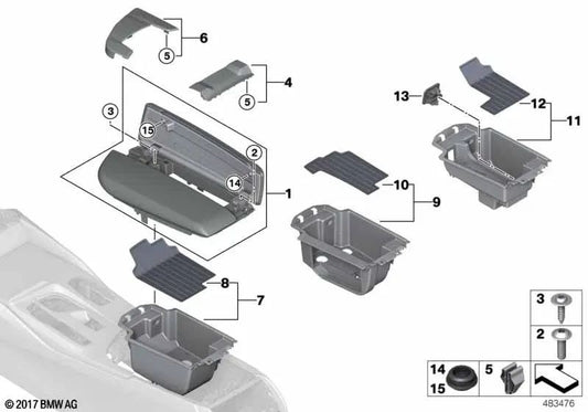 Bandeja de almacenamiento reposabrazos central para BMW F90, G30, G31, G32 (OEM 51169330670). Original BMW.