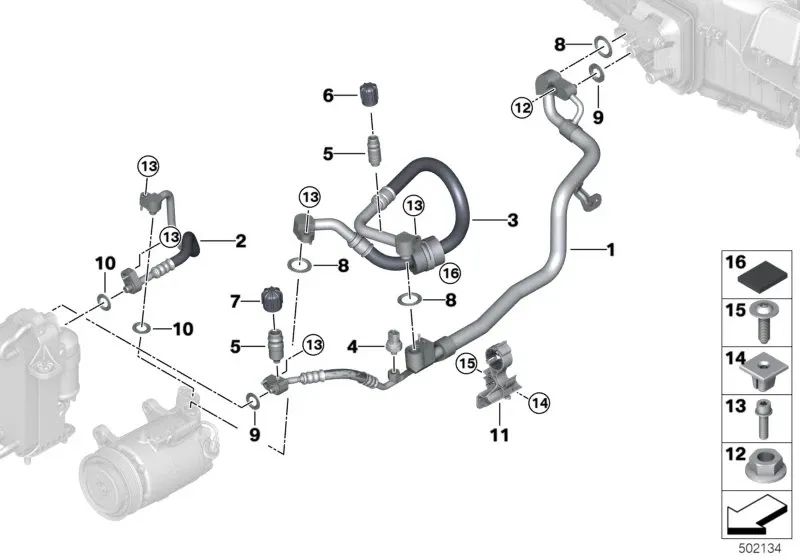 Tubo de Succión Evaporador-Compresor para BMW Serie 5 G30, G30N, G31, Serie 6 G32, G32N, Serie 7 G11, G11N, G12, G12N, Serie 8 G14, G15, G16 (OEM 64539311903). Original BMW