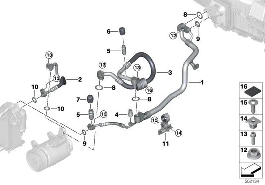 Verdampfer-Kompressor-Saugrohr für BMW 5er G30, G30N, G31, 6er G32, G32N, 7er G11, G11N, G12, G12N, 8er G14, G15, G16 (OEM 64539311903). Original BMW