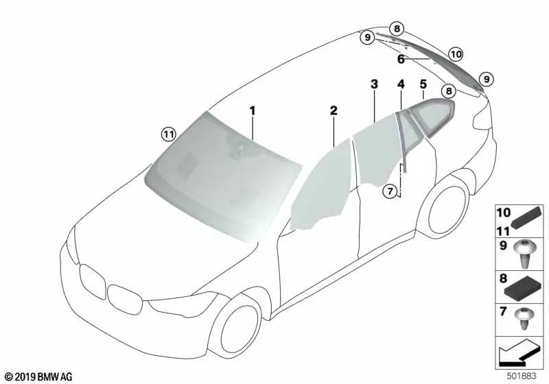 Fixed side window for BMW X1 F48, F48N (OEM 51377405606). Original BMW