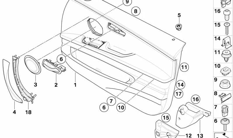 Revestimiento de puerta tejido delantero izquierdo para BMW E90N, E91N (OEM 51419167789). Original BMW