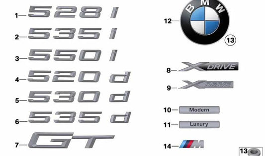 Emblema lateral derecho OEM 51147224616 para BMW E90, E91, F07, F10, F11, F12, F13. Original BMW.