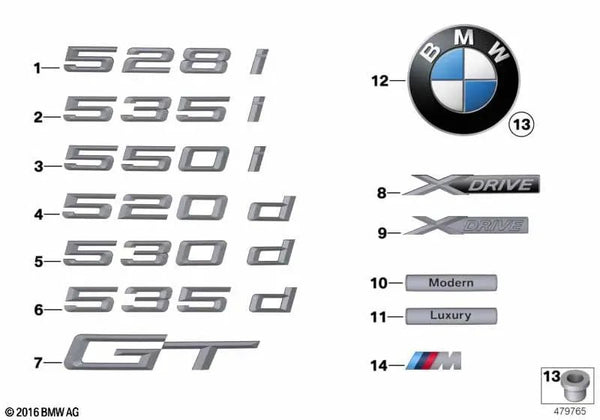 Emblema para BMW F07, F07N Serie 5 (OEM 51147239618). Original BMW