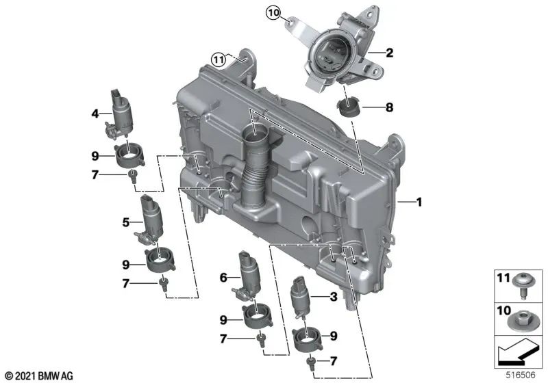 Washer pump for BMW i I20 (OEM 61355A04D88). Original BMW