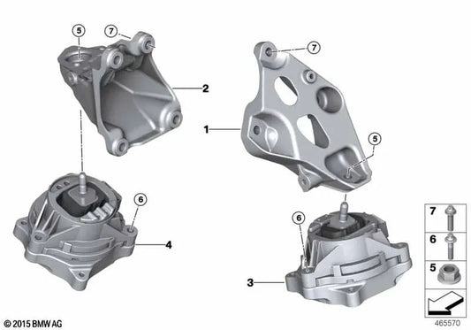 Soporte de motor izquierdo para BMW Serie 1 F20N, F21N; Serie 2 F22, F22N, F23, F23N; Serie 3 F30, F30N, F31, F31N, F34, F34N, F35N; Serie 4 F32, F32N, F33, F33N, F36, F36N (OEM 22116859415). Original BMW.