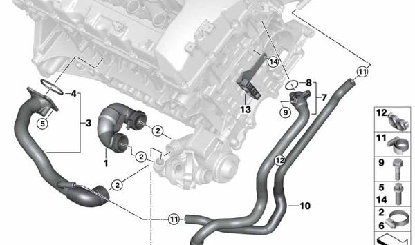 Manguera de culata a termostato OEM 11537560363 para BMW E71, E72, F01, F02, F04, F07, F10, F11. Original BMW