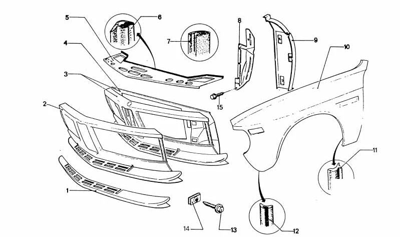 Protector/cubierta del paso de rueda delantero derecho OEM 51711813032 para BMW Serie 3 (E30). Original BMW.