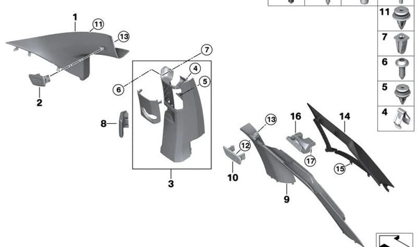 Tapacubos del pilar A derecho para BMW I01, I01N (OEM 51437275668). Original BMW.