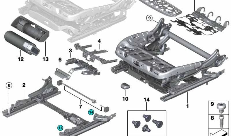 Marco de asiento eléctrico izquierdo para BMW F07, F10, F11, F15, F85, F16, F86 (OEM 52107299677). Original BMW