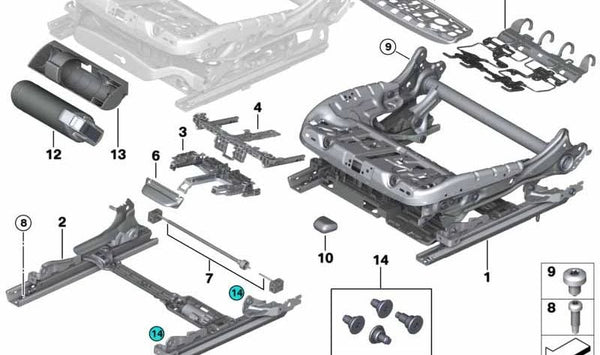 Chasis del asiento de confort izquierdo para BMW Serie 5 F07, F10, F11, F18, Serie 7 F01N, F02N, X5 F15, F85, X6 F16, F86 (OEM 52107329941). Original BMW