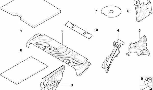 Aislamiento acústico del paso de rueda trasero izquierdo para BMW Serie 3 E46 (OEM 51488208383). Original BMW