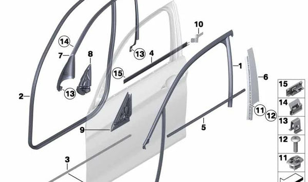 Sellado interior de puerta delantera derecha (OEM 51337240860) para BMW F20. Original BMW.