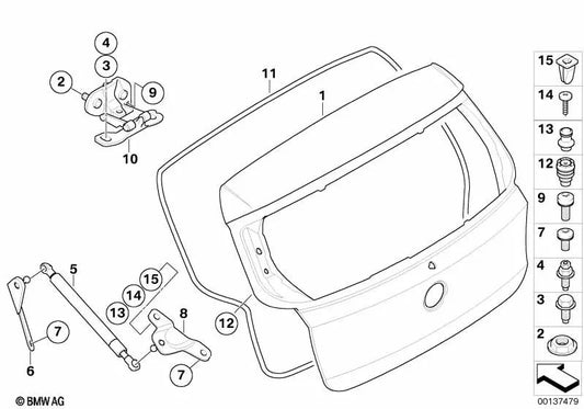 Soporte del amortiguador de gas portón trasero izquierdo para BMW Serie 1 E81, E87, E87N (OEM 51247076007). Original BMW