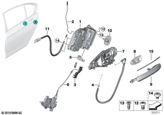 Clip para manija exterior de la puerta derecha para BMW G11N, G12, G12N (OEM 51215A06752). Original BMW.