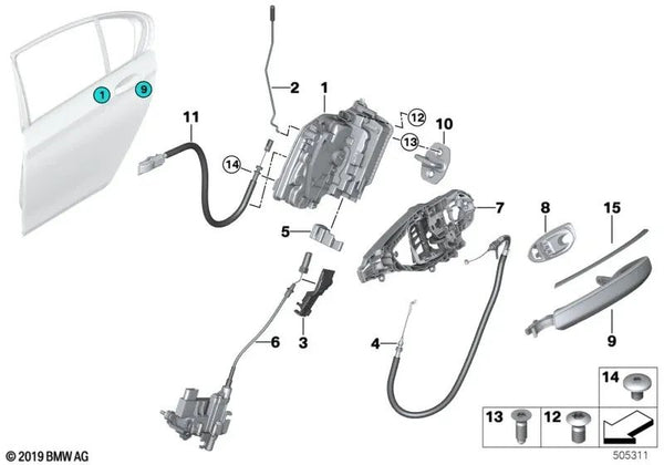 Abrazadera manilla exterior izquierda para BMW G11, G11N, G12, G12N (OEM 51215A06743). Original BMW