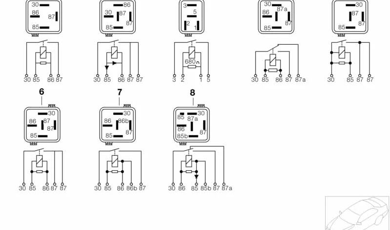 Relé para BMW Serie 1 E81, E82, E87, E88, F20, F21; Serie 3 E36, E46, E90, E91, E92, E93, F30, F31, F35; Serie 4 F82; Serie 5 E39, E60, E61, F07, F10, F11; Serie 6 E63, E64, F06, F12, F13; Serie 7 E38, E65, F01, F02, F04; i I01; X1 E84; X3 E83; X5 E53, E7
