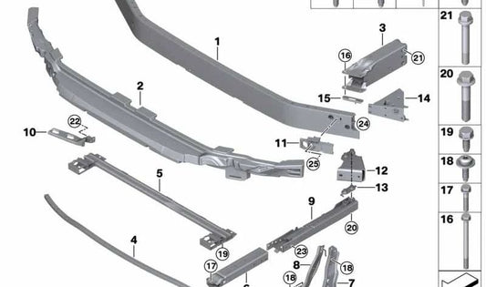 Elemento de deformación delantero inferior izquierdo para BMW Serie 1 F52, Serie 2 F45, F46, X1 F48, X2 F39 (OEM 51117302521). Original BMW