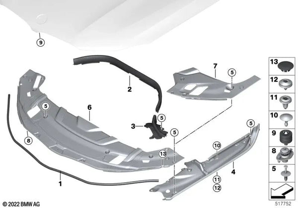 Junta de la tapa delantera lateral izquierda para BMW G32, G32N (OEM 51767371479). Original BMW.