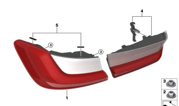 Piloto trasero lateral derecho OEM 63215A3BC68 para BMW Serie 3 (G20) y BMW M3 (G80). Original BMW.