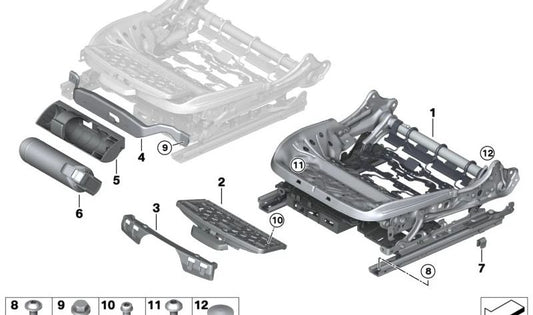 Armazón de asiento eléctrico derecho para BMW G20, G21, G28, G80, G26, F97, G01, G08, F98, G02 (OEM 52107414608). Original BMW