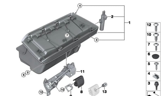 Placa de soporte botón guantera OEM 51169304973 para BMW i3 (I01). Original BMW.