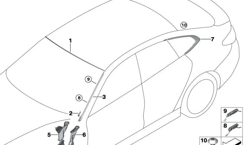 Moldura de la ventanilla lateral trasera derecha para BMW G26, G26E (OEM 51377482998). Original BMW