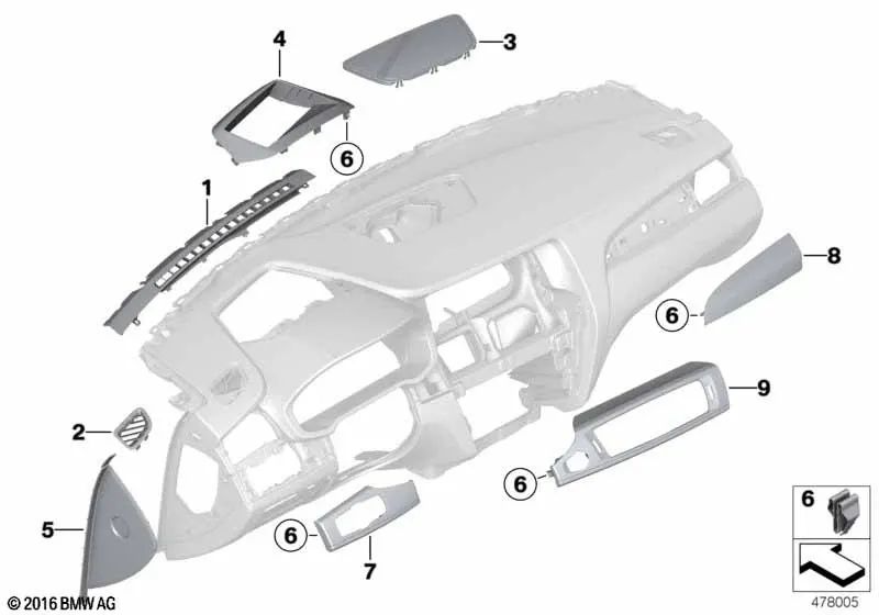 Blenda salpicadero negro brillante para BMW X3 F25, X4 F26 (OEM 51459329352). Original BMW