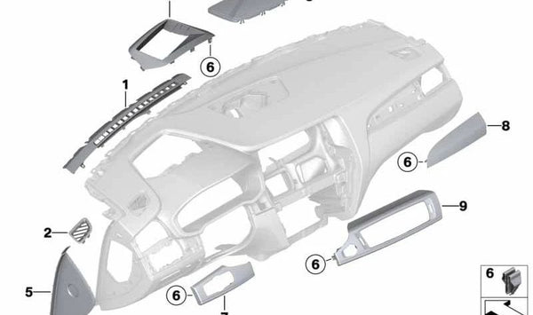 Embellecedor panel de instrumentos derecho para BMW F25, F26 (OEM 51459343269). Original BMW