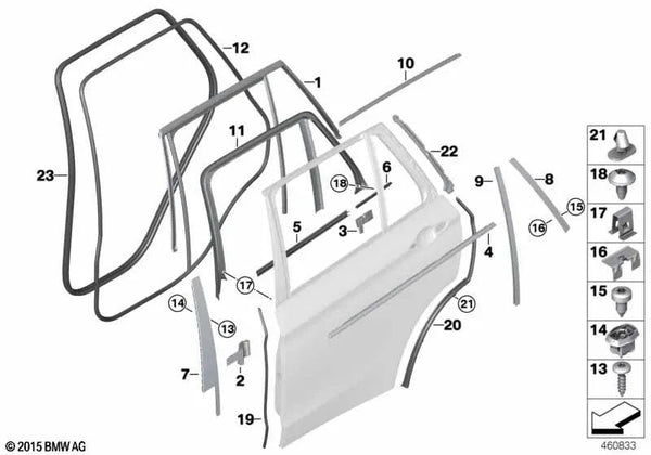 Cubierta del marco de la ventana puerta trasera izquierda para BMW F15, F85 (OEM 51427292513). Original BMW.