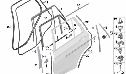 Sello interior de puerta trasera derecha OEM 51227289642 para BMW F15, F85. Original BMW.