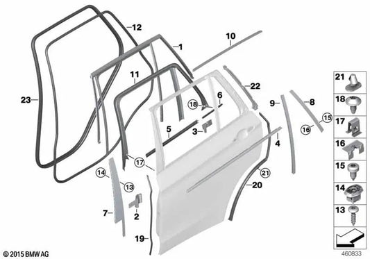 Guía de ventana puerta trasera izquierda para BMW X5 F15 (OEM 72177853715). Original BMW.