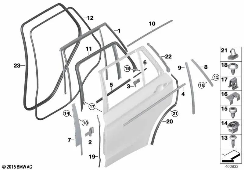 Cubierta del canal de la puerta exterior trasera izquierda para BMW F15, F85 (OEM 51227289643). Original BMW