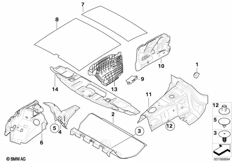 Aislamiento acústico del paso de rueda trasero derecho para BMW Serie 1 E81, E82, E87, E87N (OEM 51489126490). Original BMW.