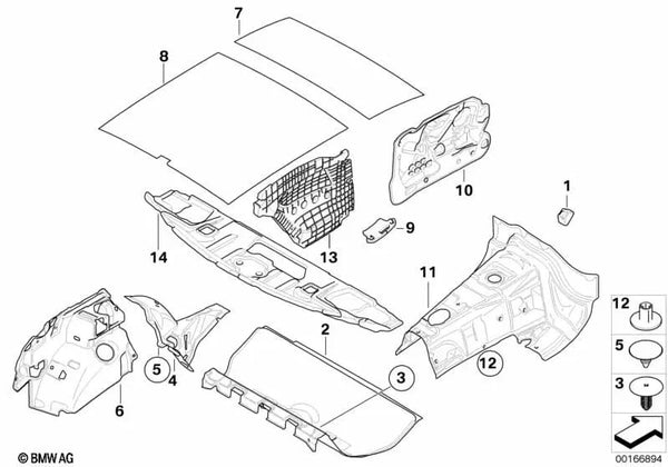 Aislamiento acústico del paso de rueda trasero derecho para BMW Serie 1 E81, E82, E87, E87N (OEM 51489126490). Original BMW.